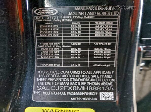 SALCJ2FX8MH888135 2021 LAND ROVER DISCOVERY Black VIN კოდის სტიკერის ხედი