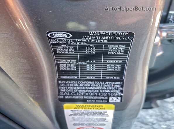 SALCJ2FX9PH321694 2023 LAND ROVER DISCOVERY Gray Панорамний вид салону 360°