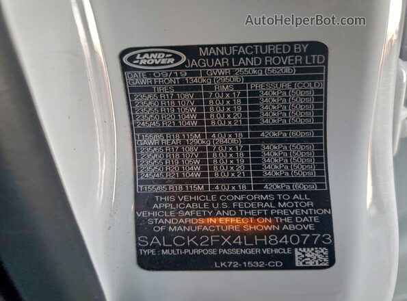 SALCK2FX4LH840773 2020 LAND ROVER DISCOVERY Белый Панорамный вид салона 360°