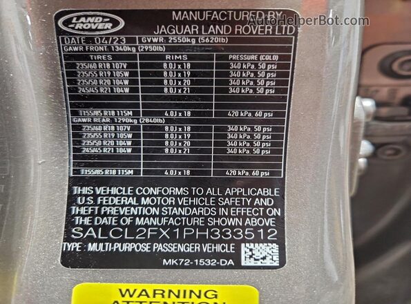 SALCL2FX1PH333512 2023 LAND ROVER DISCOVERY Gray VIN კოდის სტიკერის ხედი
