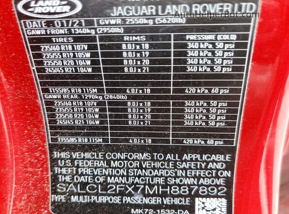 SALCL2FX7MH887892 2021 LAND ROVER DISCOVERY Red VIN կոդի պիտակի տեսք