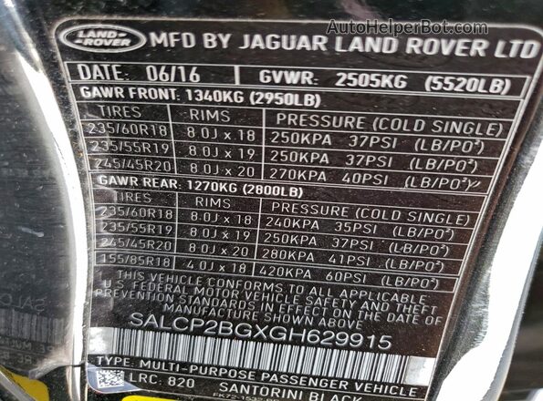 SALCP2BGXGH629915 2016 LAND ROVER DISCOVERY Black Widok naklejki z numerem VIN