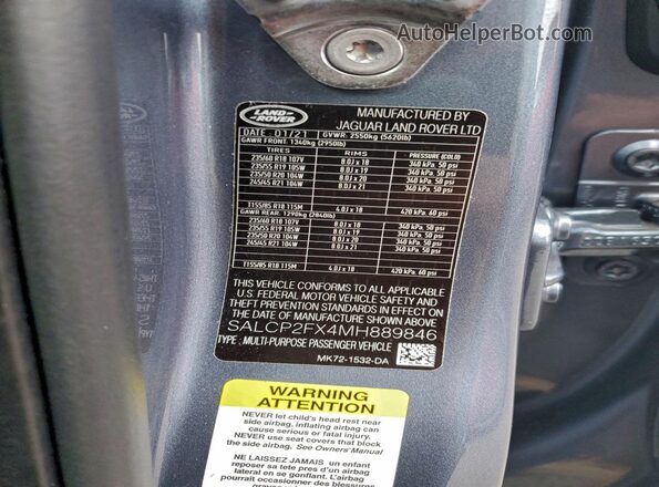 SALCP2FX4MH889846 2021 LAND ROVER DISCOVERY Blue Vista del compartimento del motor