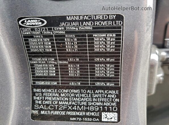 SALCT2FX4MH891110 2021 LAND ROVER DISCOVERY Gray Панорамний вид салону 360°