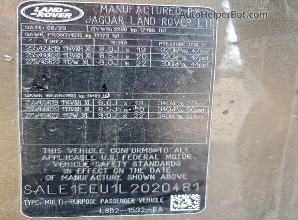 SALE1EEU1L2020481 2020 LAND ROVER DEFENDER Brown Widok naklejki z numerem VIN