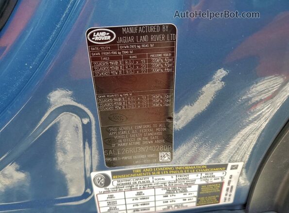 SALE26RU3N2102809 2022 LAND ROVER DEFENDER Blue Панорамний вид салону 360°