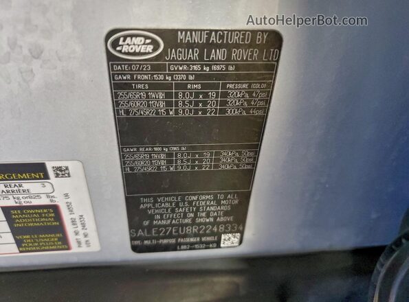 SALE27EU8R2248334 2024 LAND ROVER DEFENDER Silver VIN კოდის სტიკერის ხედი