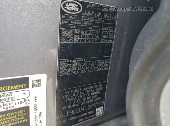 SALE9EEU4L2017759 2020 LAND ROVER DEFENDER Gray VIN sticker view