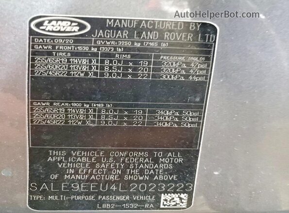 SALE9EEU4L2023223 2020 LAND ROVER DEFENDER Серебряный Вид наклейки с VIN-кодом