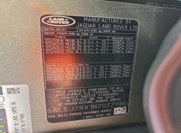 SALEJ7RX1N2077086 2022 LAND ROVER DEFENDER Green VIN sticker view