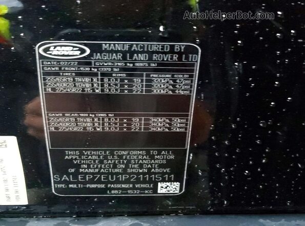 SALEP7EU1P2111511 2023 LAND ROVER DEFENDER Black Vista de la etiqueta del VIN