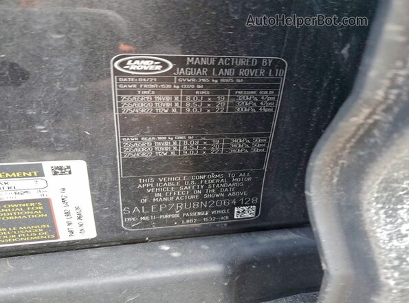 SALEP7RU8N2064128 2022 LAND ROVER DEFENDER Gray VIN კოდის სტიკერის ხედი