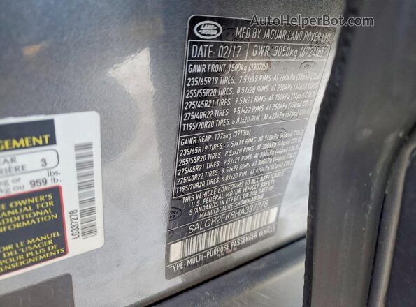 SALGR2FK8HA337278 2017 LAND ROVER RANGE Черный Вид наклейки с VIN-кодом