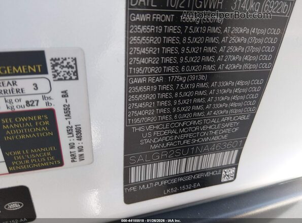 SALGR2SU1NA463601 2022 LAND ROVER RANGE ROVER White 