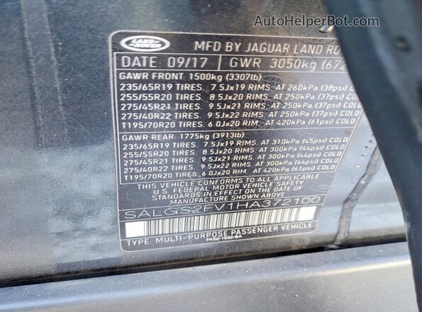 SALGS2FV1HA372100 2017 LAND ROVER RANGE Gray VIN კოდის სტიკერის ხედი