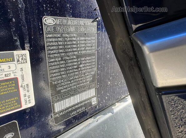 SALGS2RU2MA451496 2021 LAND ROVER RANGE Black უკანა სალონის ხედი