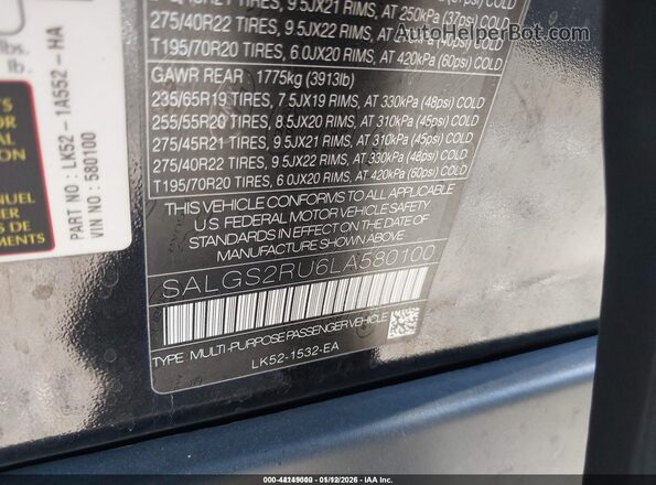 SALGS2RU6LA580100 2020 LAND ROVER RANGE ROVER Black ძრავის განყოფილების ხედი