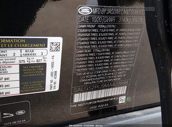 SALGS2RU9MA422898 2021 LAND ROVER RANGE ROVER Black ძრავის განყოფილების ხედი