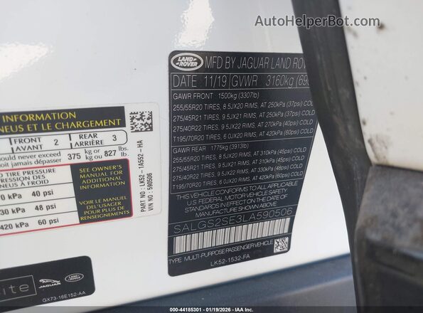 SALGS2SE3LA590506 2020 LAND ROVER RANGE ROVER White Вид підкапотного простору