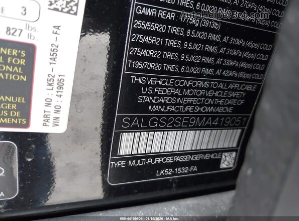 SALGS2SE9MA419051 2021 LAND ROVER RANGE ROVER Черный Вид подкапотного пространства