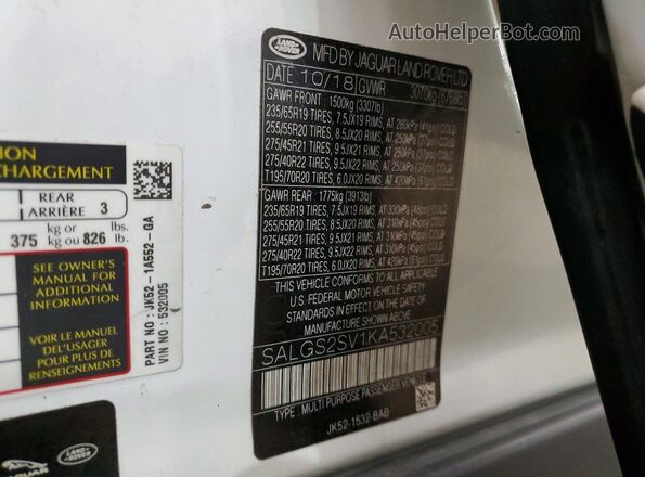 SALGS2SV1KA532005 2019 LAND ROVER RANGE Белый Вид наклейки с VIN-кодом