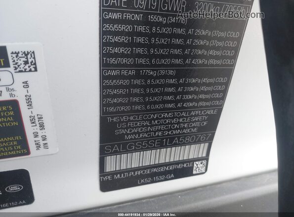 SALGS5SE1LA580767 2020 LAND ROVER RANGE ROVER White 