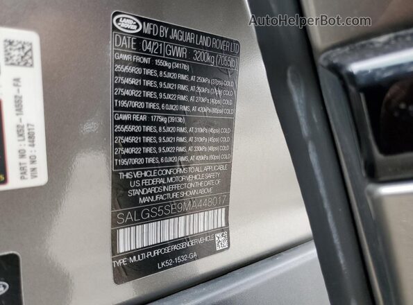 SALGS5SE9MA448017 2021 LAND ROVER RANGE Серый Вид наклейки с VIN-кодом