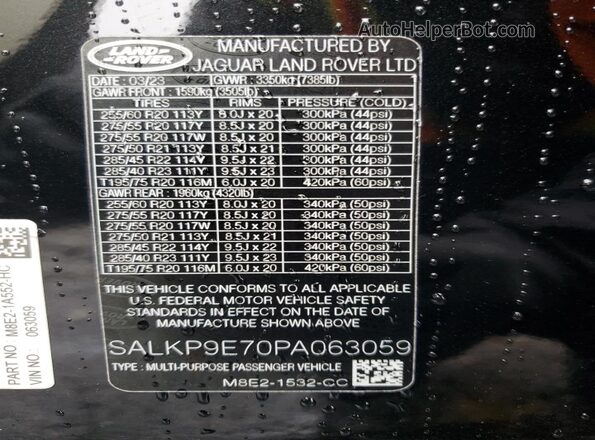 SALKP9E70PA063059 2023 LAND ROVER RANGE Black Vista interior de 360 grados
