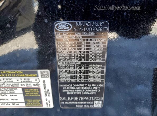 SALKP9E78PA012036 2023 LAND ROVER RANGE Черный Вид наклейки с VIN-кодом