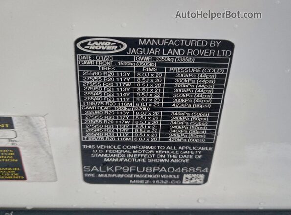 SALKP9FU8PA046854 2023 LAND ROVER RANGE Белый Вид наклейки с VIN-кодом