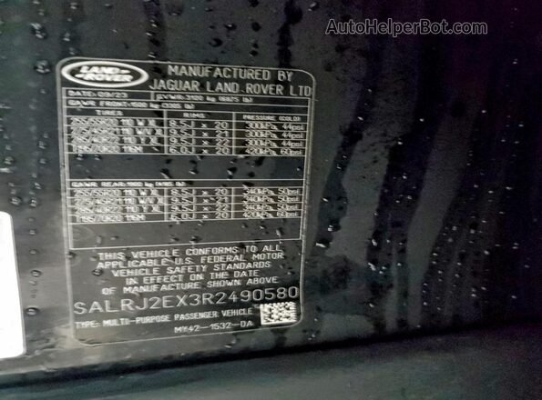 SALRJ2EX3R2490580 2024 LAND ROVER DISCOVERY Black VIN կոդի պիտակի տեսք