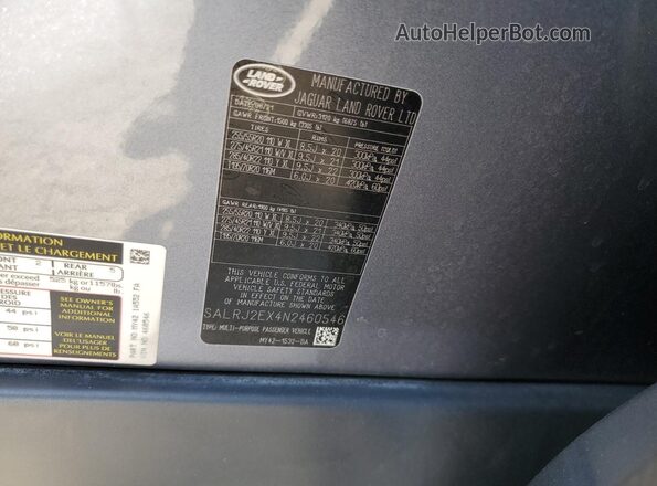 SALRJ2EX4N2460546 2022 LAND ROVER DISCOVERY Blue VIN კოდის სტიკერის ხედი