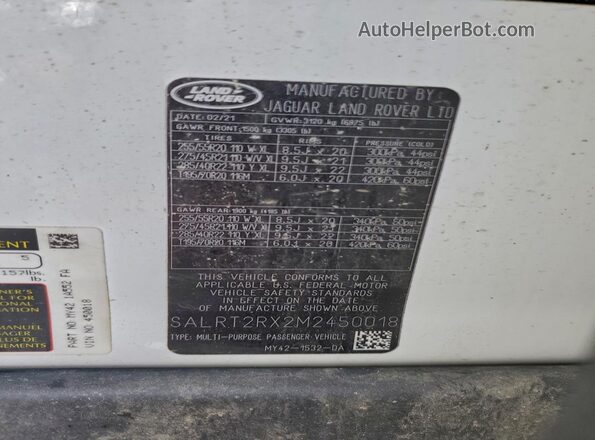 SALRT2RX2M2450018 2021 LAND ROVER DISCOVERY White Vista de la etiqueta del VIN