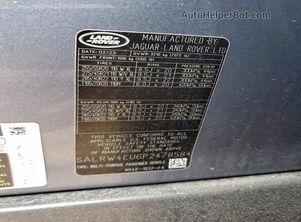 SALRW4EU6P2478584 2023 LAND ROVER DISCOVERY Teal Vista de la etiqueta del VIN