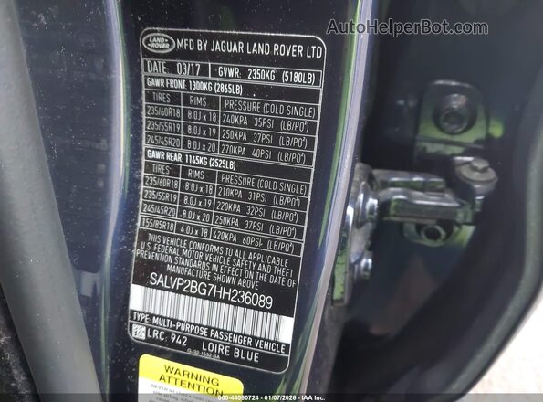 SALVP2BG7HH236089 2017 LAND ROVER RANGE ROVER EVOQUE Синий 