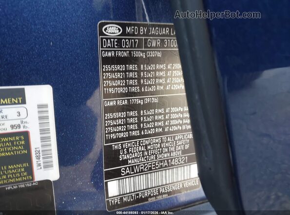 SALWR2FE5HA148321 2017 LAND ROVER RANGE ROVER SPORT Blue Engine compartment view