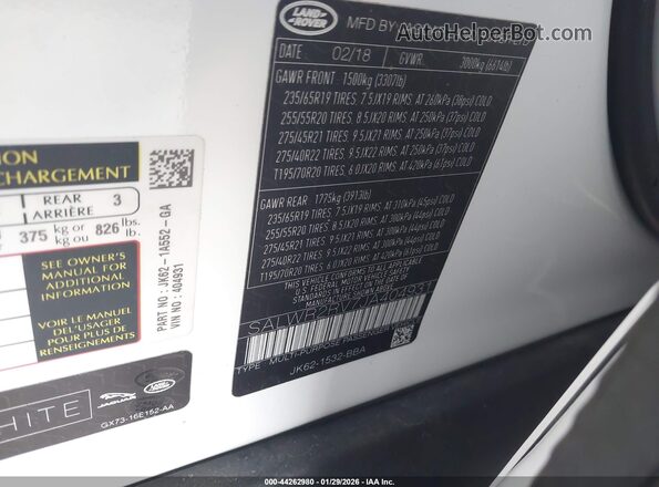 SALWR2RV7JA404931 2018 LAND ROVER RANGE ROVER SPORT White Вид підкапотного простору