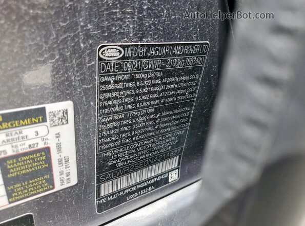 SALWR2SE0NA211827 2022 LAND ROVER RANGE Gray VIN կոդի պիտակի տեսք