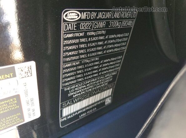 SALWR2SE0NA234783 2022 LAND ROVER RANGE Black Սալոնի 360 աստիճան տեսք