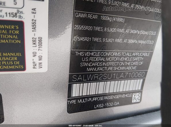SALWR2SU1LA710060 2020 LAND ROVER RANGE ROVER SPORT Gray Vista del compartimento del motor