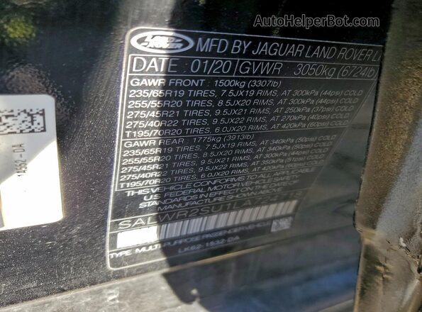 SALWR2SU1LA724718 2020 LAND ROVER RANGE Black ძრავის განყოფილების ხედი