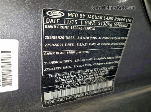 SALWR2VF4GA567205 2016 LAND ROVER RANGE Gray Widok naklejki z numerem VIN
