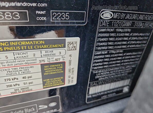 SALWV2SE0NA219275 2022 LAND ROVER RANGE Black Widok naklejki z numerem VIN