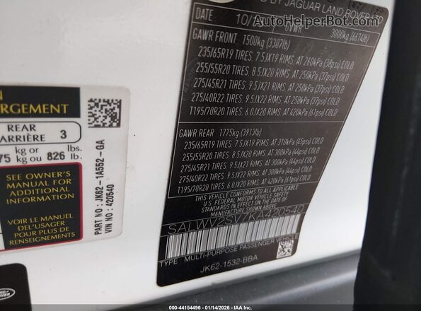 SALWV2SV7KA420540 2019 LAND ROVER RANGE ROVER SPORT White Widok komory silnika