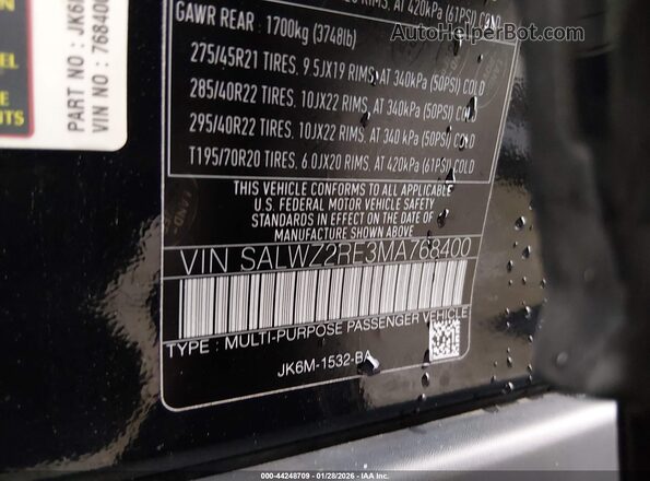 SALWZ2RE3MA768400 2021 LAND ROVER RANGE ROVER SPORT Black Вид підкапотного простору