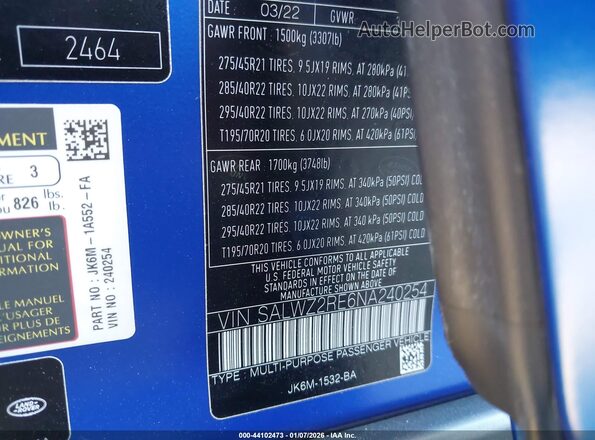 SALWZ2RE6NA240254 2022 LAND ROVER RANGE ROVER SPORT Blue Engine compartment view