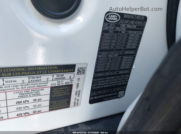 SALYK2EX1LA245220 2020 LAND ROVER RANGE ROVER VELAR White Вид підкапотного простору