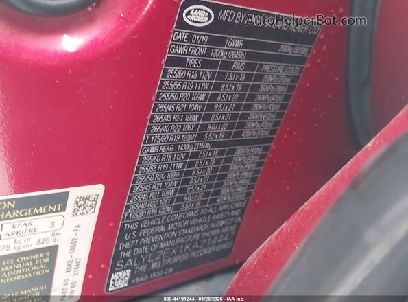 SALYL2EX1KA214447 2019 LAND ROVER RANGE ROVER VELAR Red Engine compartment view