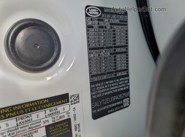 SALYT2EU0PA357595 2023 LAND ROVER RANGE White 360 interior view