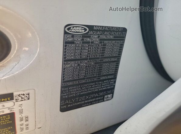 SALYT2EX2PA365367 2023 LAND ROVER RANGE White სალონის 360-გრადუსიანი ხედი